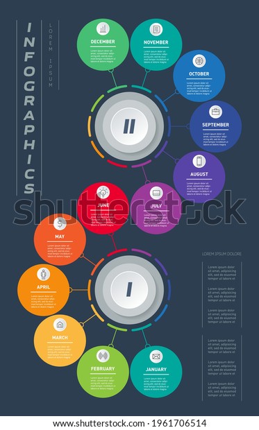 Annual business\
development plan, divided into 2 half-years of 6 months. Layout\
template of the original calendar design for 2022. Vertical\
infographic of 12 parts with\
icons.
