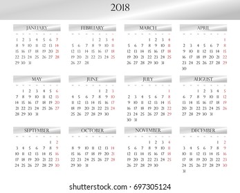 Annual calendar for 2018 year with a light silver design
