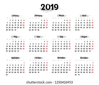 annual calendar for 2019 on a white background with gray highlighting elements, artistic underscore effect, brush strokes. vector eps 10