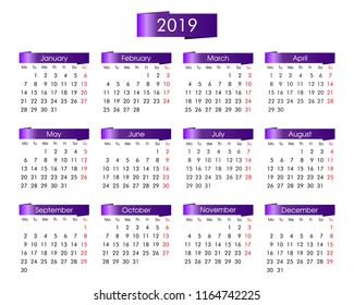 annual calendar for 2019 year with the violet, purple of info graphics on white background