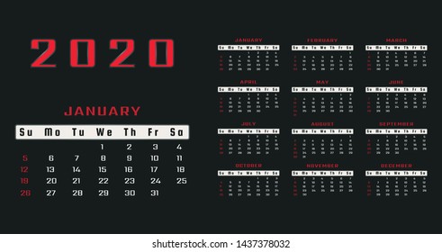 Annual calendar 2020 year vector template design on black background with red text. Basic grid layout. Week starts on Sunday. Business planner, organizer