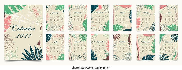 Annual calendar for 2021 with all months in a bohemian style with tropical leaf elements. Modern bright colorful minimalistic abstract aesthetic illustrations. Vector background