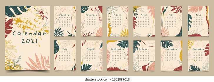 Annual calendar for 2021 with all months with tropical leaf elements in bohemian style. Modern bright colorful minimalistic abstract aesthetic illustrations. Vector background