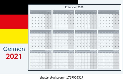 Annual calendar for 2021. Wall planner with free space for notes. Horizontal layout, template with 12 months on one page. Week starts from monday. German language. 