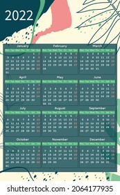 Annual calendar for 2022 with all months in a bohemian style. Modern minimalistic abstract illustration. Vector background