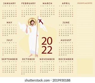 Annual Calendar 2022. Religious calendar with Jesus Christ the Savior on beige background. Vector illustration. Horizontal template for 12 months in English With space for notes. Week starts on Sunday