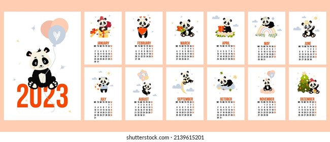 Annual calendar 2023 with cute panda. set of vertical templates, planner for 12 months 2023 and cover with bear on moon. Vector illustration. week from Monday. In English
