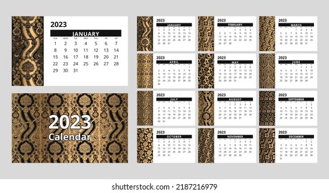 Annual calendar 2023 in renaissance style. The week starts on Sunday. Vector illustration.