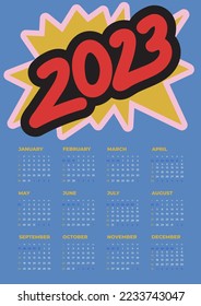 Annual calendar 2023 template. Week starts on Sunday. Typography logo 2023. Creative concept of 2023 Happy New Year poster, card, banner. Vector minimalist calendar design with geometric elements