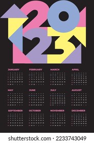 Annual calendar 2023 template. Week starts on Sunday. Typography logo 2023. Creative concept of 2023 Happy New Year poster, card, banner. Vector minimalist calendar design with geometric elements