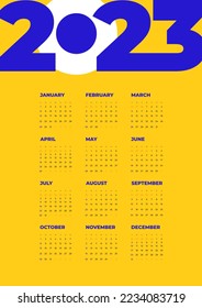 Annual calendar 2023 template. Week starts on Sunday. Typography logo 2023. Creative concept of 2023 Happy New Year poster, card, banner. Vector minimalist calendar design with geometric elements