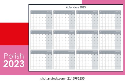 Annual calendar for 2023. Wall planner with free space for notes. Horizontal layout, template with 12 months on one page. Week starts from monday. Polish language.