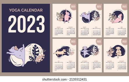 Annual Calendar 2023. Yoga pets. set of templates for 12 months of 2023 with cute dogs, meditating, doing yoga and fitness. Vector illustration. Sunday Week. 6 pages in 2 months and cover, in English