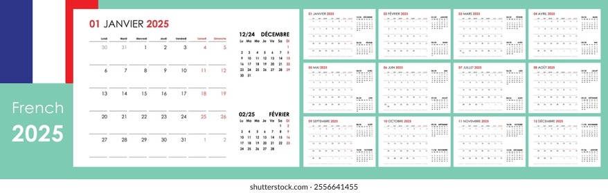 Annual calendar 2025 in French. Yearly planner, 12 cards with blank copy space for notes