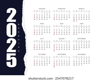 Calendário anual 2025 design de página inteira