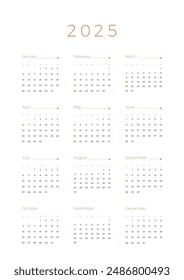 Annual calendar 2025 template on white background. Week starts on Sunday. Simple black and white 2025 calendar. Vector minimalist calendar design 