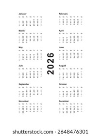 Annual calendar 2026 template. Calendar design in black and white colors