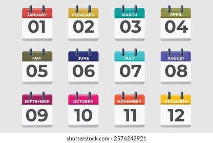 Annual calendar 3D icon set.  twelve months with name and serial number. Flat vector illustration isolated on white.