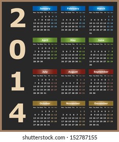 Annual calendar design for 2014. English, Eps10, Monday to Sunday.