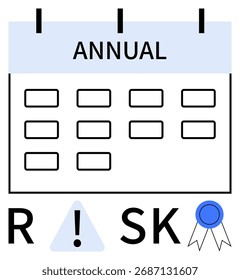 Calendario anual con franjas horarias vacías, la palabra Riesgo resaltada con un signo de exclamación y una insignia de logro azul. Ideal para la programación, planificación de proyectos, evaluación de riesgos, gestión del tiempo, objetivo