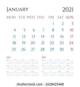 Annual calendar flat vector illustration set. Organizer template for 2021 and 2022 years. Business planner design. Basic grid with text and numbers on white background