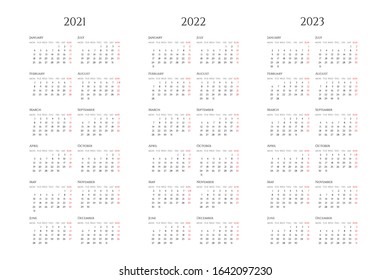 Annual calendar flat vector illustration set. Organizer template for 2021, 2022 and 2023 years. Business planner color design. Basic grid with text and numbers on black background