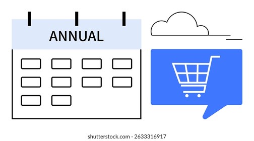 Calendário anual destacando datas principais, elemento nuvem, balão de fala azul com ícone de carrinho de compras. Ideal para e-commerce, campanhas de marketing, planejamento de varejo, programação de eventos, compras on-line