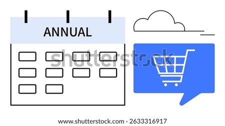 Annual calendar highlighting key dates, cloud element, blue speech bubble with shopping cart icon. Ideal for e-commerce, marketing campaigns, retail planning, event scheduling, online shopping