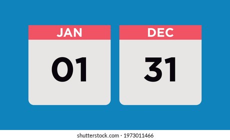 Annual calendar from January 1 to December 31, year. First day. Last day. Flat icon. Day, month and year. To use in dates, event, schedule, plan, holiday, vacation or deadline.