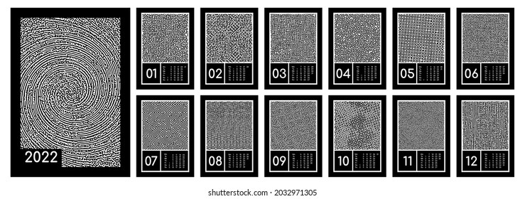 Annual calendar layout. 2022 Monthly calendar, planner and organizer. Turing pattern. Chemical bases of morphogenesis. Natural patterns, stripes and spots. Monochrome texture.