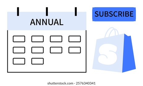 Annual calendar with Subscribe button and shopping bag. Ideal for subscription services, e-commerce, sales, annual planning, customer retention. Clean and modern style