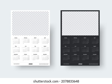 Annual calendar template for 2022 with week numbering, place for photo, planner for each month on white, black background. Business page style with 12 months. Vector illustration for design