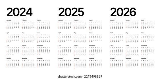 Annual calendar template for 2024, 2025, 2026 years. Week Starts on Sunday. Business calendar in a minimalist style.