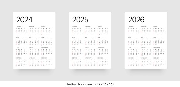 Annual calendar template for 2024, 2025, 2026 years. Week Starts on Sunday. Business calendar in a minimalist style.