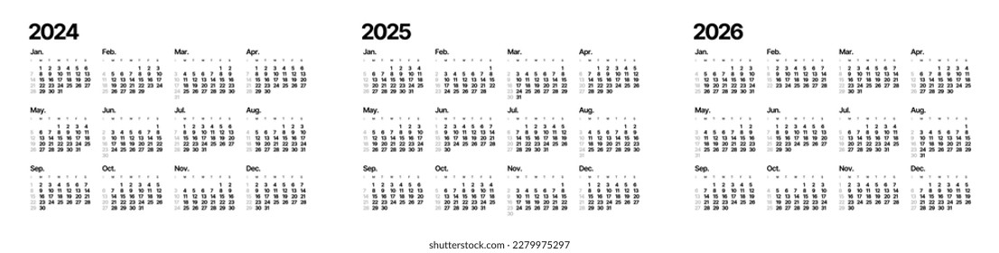 Annual calendar template for 2024, 2025, 2026 years. Week Starts on Sunday. Business calendar in a minimalist style.