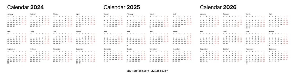 Plantilla del calendario anual para 2024, 2025 y 2026 años. La semana empieza el lunes. Calendario de negocios de estilo minimalista.