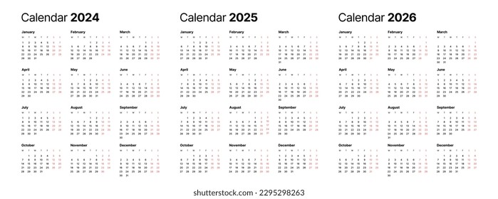 Plantilla del calendario anual para 2024, 2025 y 2026 años. La semana empieza el lunes. Calendario de negocios de estilo minimalista.