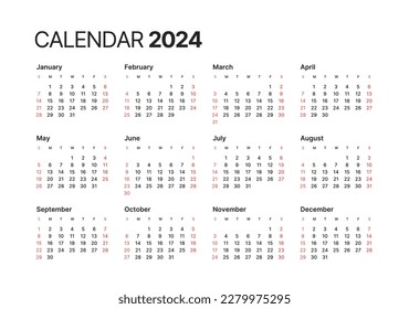 Annual calendar template for 2024 year. Week Starts on Sunday. Business calendar in a minimalist style for 2024 year.