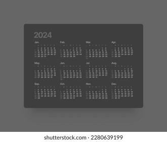 Annual calendar template for 2024 year. Week Starts on Sunday. Business calendar grid in black and dark color for 2024 year.