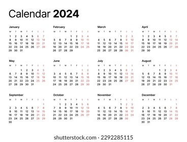 Annual calendar template for 2024 year. Week Starts on Monday. Business calendar in a minimalist style for 2024 year.