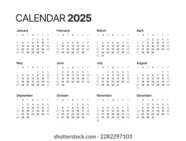 Annual calendar template for 2025 year. Week Starts on Sunday. Business calendar in a minimalist style for 2025 year.