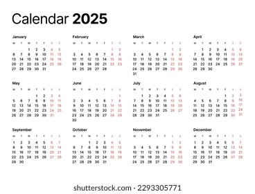 Annual calendar template for 2025 year. Week Starts on Monday. Business calendar in a minimalist style for 2025 year.