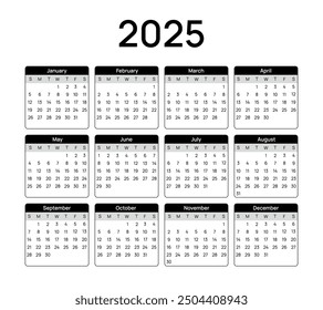 Annual calendar template for 2025 year. Week Starts on Sunday. Business calendar in a minimalist style for 2025 year.