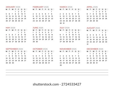 Vorlage für Jahreskalender 2026. Vektorgrafik eines Jahresplaners und Organisators. Minimalistisches Design für Geschäftsplan, Wandtattoo und persönliches Tagebuch. Einfaches und übersichtliches Layout