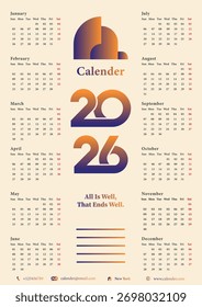 annual calendar template 2026 Week Starts on Sunday. Business calendar in a minimalist style for 2026 A4 size