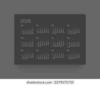 Annual calendar template for 2026 year. Week Starts on Sunday. Business calendar grid in black and dark color for 2026 year.