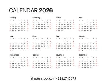 Annual calendar template for 2026 year. Week Starts on Sunday. Business calendar in a minimalist style for 2026 year.