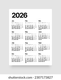 Annual calendar template for 2026 year. Week Starts on Monday. Business calendar in a minimalist style for 2026 year.
