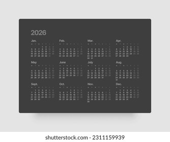 Annual calendar template for 2026 year. Week Starts on Monday. Business calendar grid in black and dark color for 2026 year.