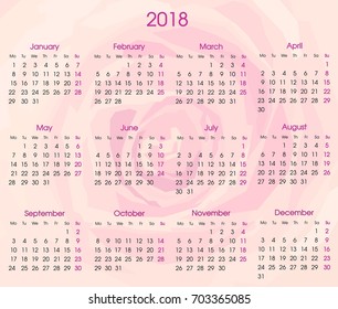 annual calendar for the year 2018 year in a feminine, romantic style on a background of delicate roses